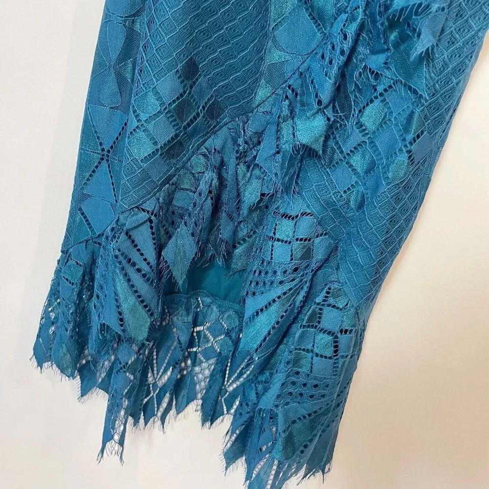 Foxiedox Womens Lace Ruffle Sleeveless Cocktail Dress Teal Blue S High Low‎ NWT